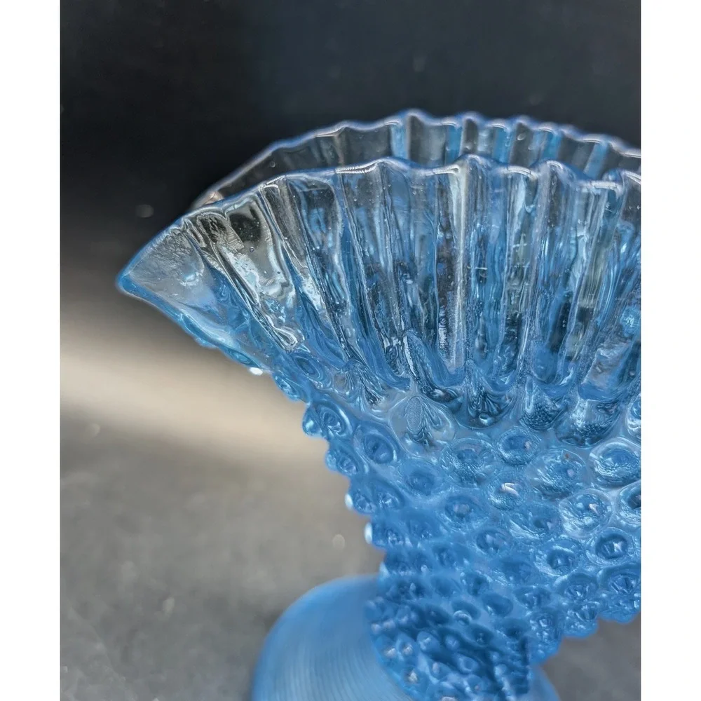 Vintage Empoli Italian Blue Hobnail Glass Fan Vase Ruffled Rim Pedestal 7